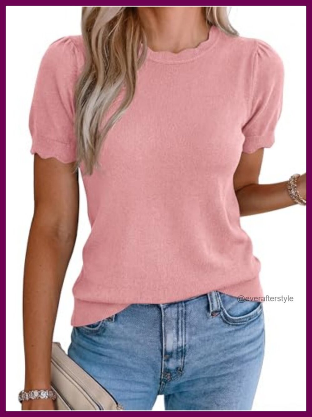 Womens Short Sleeve Knit Pullover Sweater Scallop Edge Lightweight Viscose